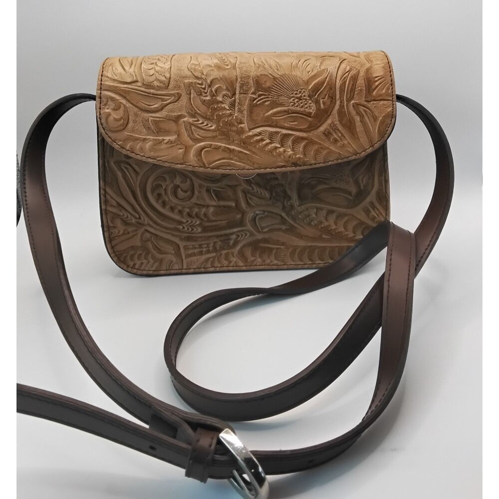 Q & A Tooled Leather Brown Crossbody Purse Handbag